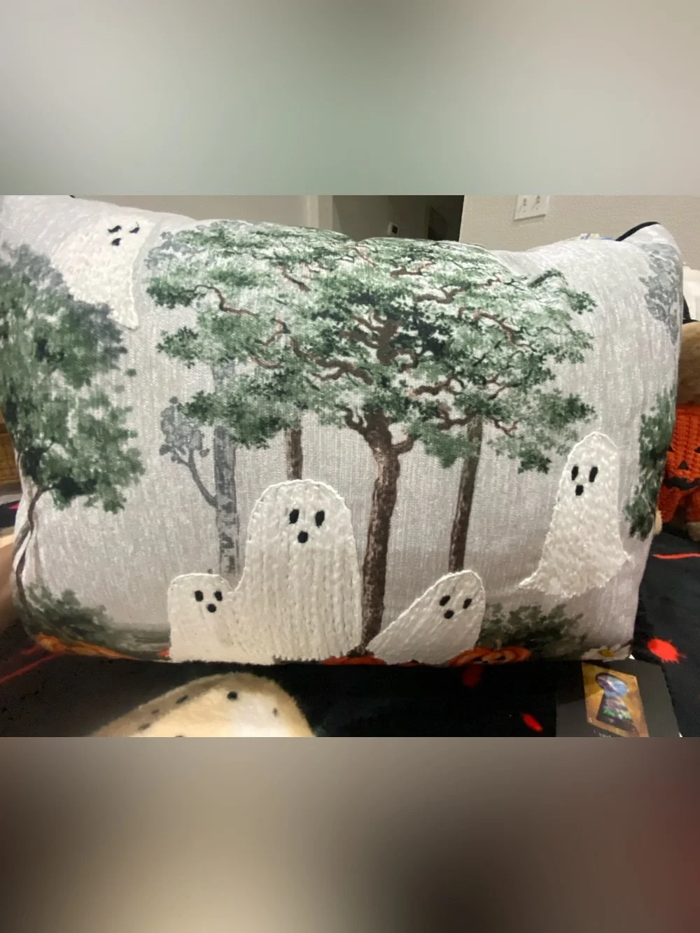 Embroidered Ghosts Decorative Pillow Cover - White & Green